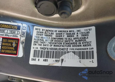 2008 Honda Civic Lx из США, поврежденный, VIN 1HGFA16558L034012